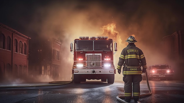 Szene eines feuerwehrmanns und eines feuerwehrautos mit generativer ki