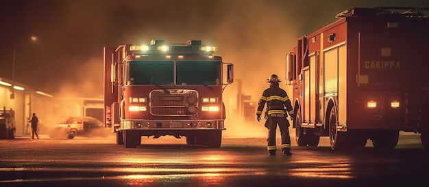 Szene eines feuerwehrmanns und eines feuerwehrautos mit generativer ki