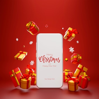 Szene von smartphone mit weihnachtsgeschenk zum einkaufen von online-werbung, 3d-darstellung