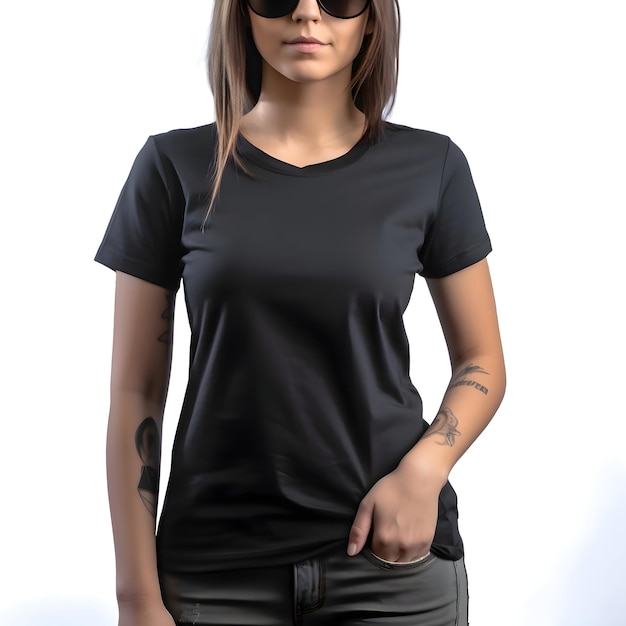 Tätowierte frau in schwarzem t-shirt und sonnenbrille auf weißem hintergrund