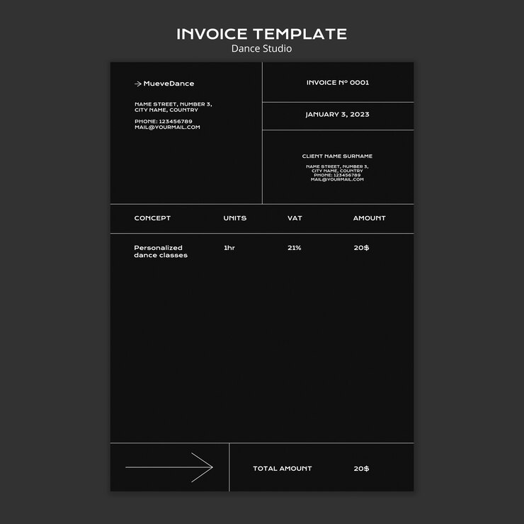 Kostenlose PSD tanzstudio-rechnungsvorlage mit minimalistischem design