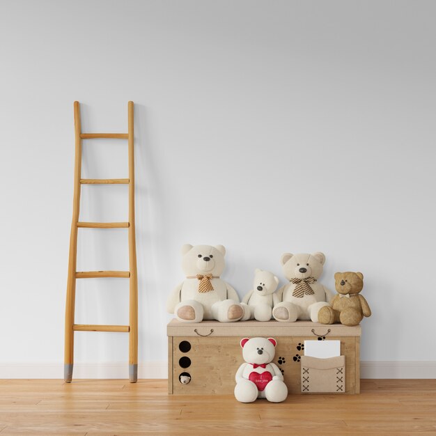 Teddybärensammlung auf Holzkiste und Treppe
