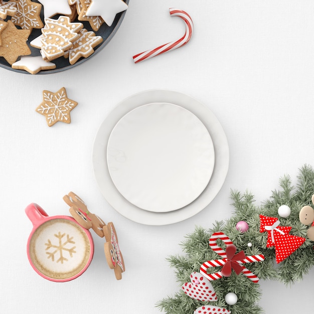 Teller, Kekse und heiße Schokolade auf Weihnachtstisch