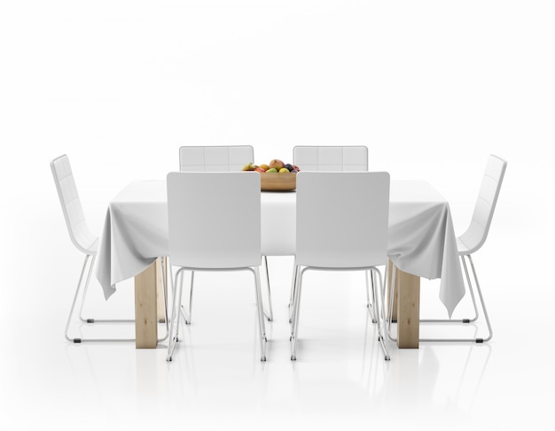 Tisch mit Tischdecke, Obst und Stühlen