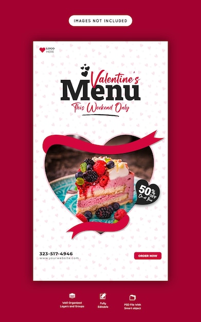 Kostenlose PSD valentine food menü und restaurant instagram und facebook story vorlage