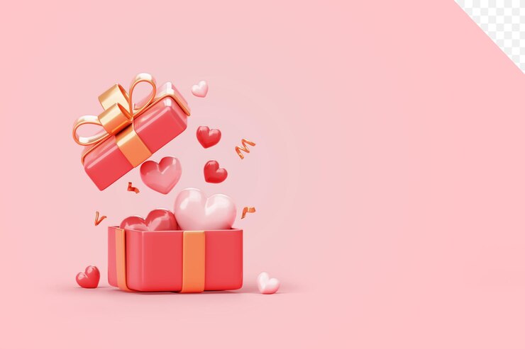 Kostenlose PSD valentinstag-verkauf mit geschenkbox und herzhintergrund 3d-darstellung leere display-szenenpräsentation für produktplatzierung