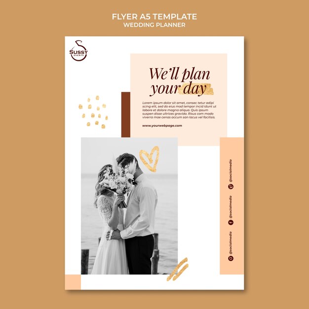 Vertikale Flyer-Vorlage für den Hochzeitsplaner mit goldenen Stiftmarkierungen