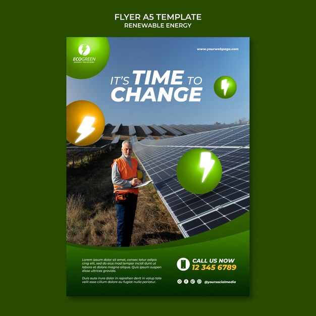 Vertikale Flyer-Vorlage für erneuerbare und nachhaltige Energie mit Kugeln und Blitzen