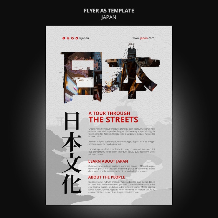Kostenlose PSD vertikale flyer-vorlage für japanische reiseziele mit japanischen symbolen