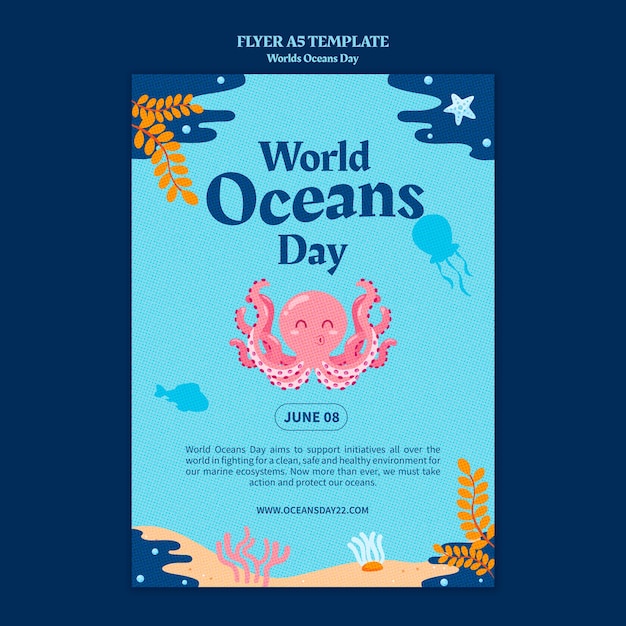 Kostenlose PSD vertikale flyer-vorlage zum tag der ozeane mit meereslebewesen