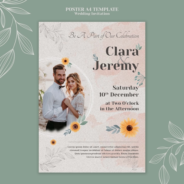 Vertikale Plakatschablone der Hochzeitseinladung mit Paaren und Blumen