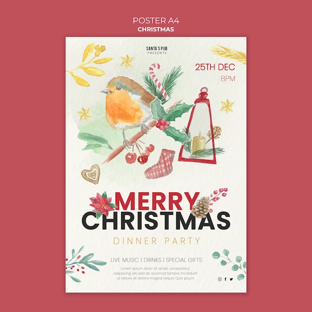 Kostenlose PSD vertikale plakatschablone für aquarellweihnachten