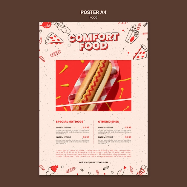 Kostenlose PSD vertikale plakatschablone für hot-dog-komfortnahrung