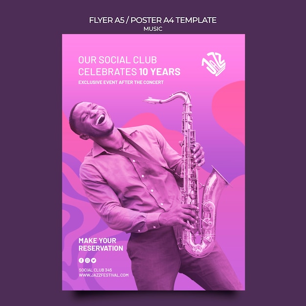 Vertikale plakatschablone für jazzfestival und verein