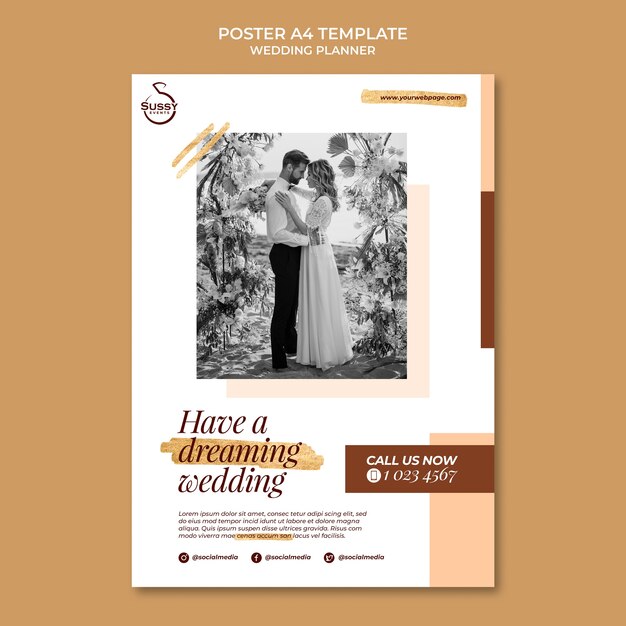 Vertikale Plakatvorlage des Hochzeitsplaners mit goldenen Stiftmarkierungen