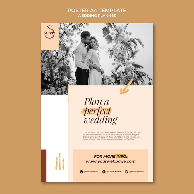 Vertikale Plakatvorlage des Hochzeitsplaners mit goldenen Stiftmarkierungen