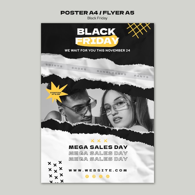 Kostenlose PSD vertikale plakatvorlage für black-friday-verkäufe mit zerrissener papierstruktur