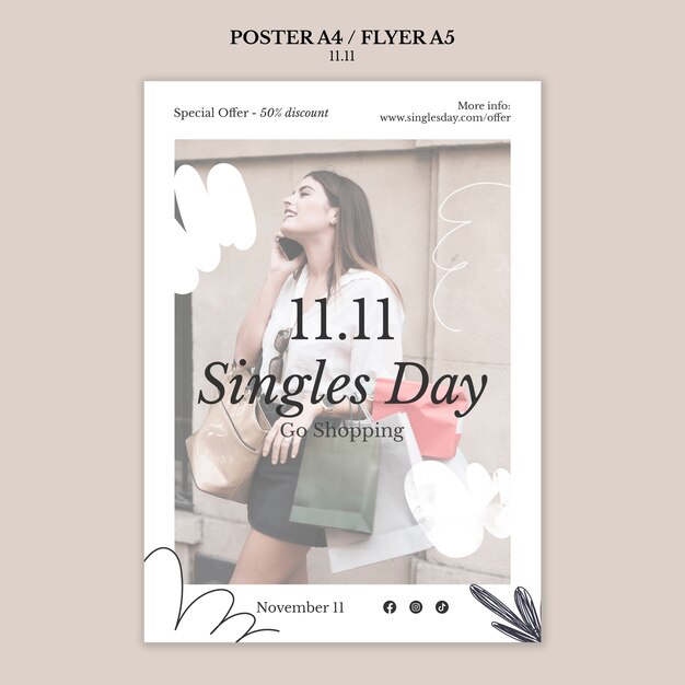 Vertikale Plakatvorlage für den Single-Day-Verkauf am 11.11. mit Blättern