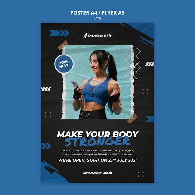 Kostenlose PSD vertikale plakatvorlage für fitnessstudio mit sportlerin