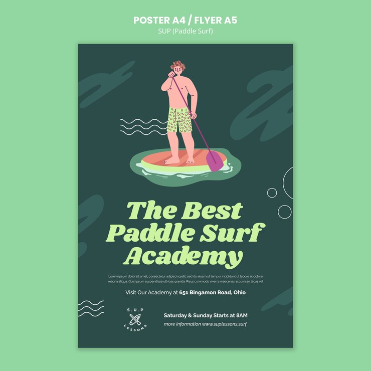 Kostenlose PSD vertikale plakatvorlage für paddleboarding-kurse