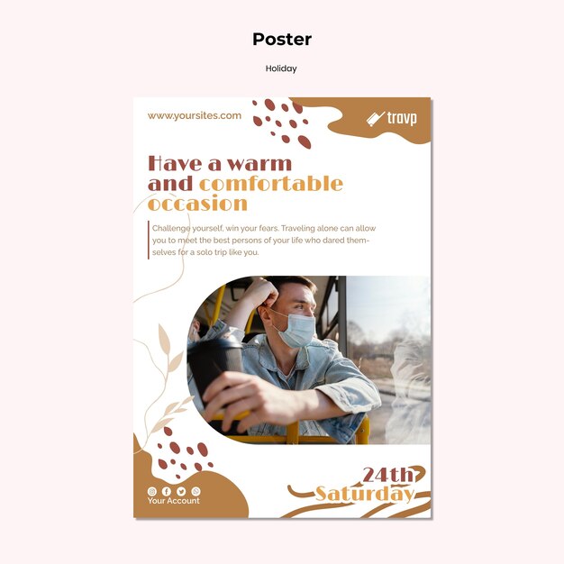 Vertikale Plakatvorlage für Urlaubsreisen mit einer Person, die eine medizinische Maske trägt