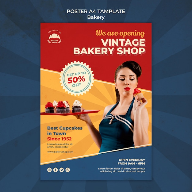 Vertikale plakatvorlage für vintage bäckerei mit frau