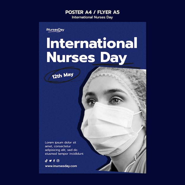 Vertikale Plakatvorlage zum Internationalen Tag der Krankenschwestern mit Krankenschwester, die eine medizinische Maske trägt
