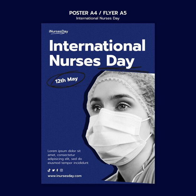Vertikale Plakatvorlage zum Internationalen Tag der Krankenschwestern mit Krankenschwester, die eine medizinische Maske trägt
