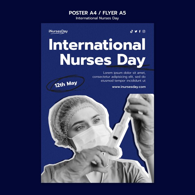 Vertikale Plakatvorlage zum Internationalen Tag der Krankenschwestern mit Krankenschwester, die eine medizinische Maske trägt