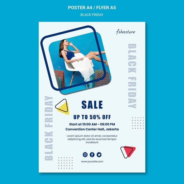 Vertikales Plakat für schwarzen Freitag mit Frau und Dreiecken