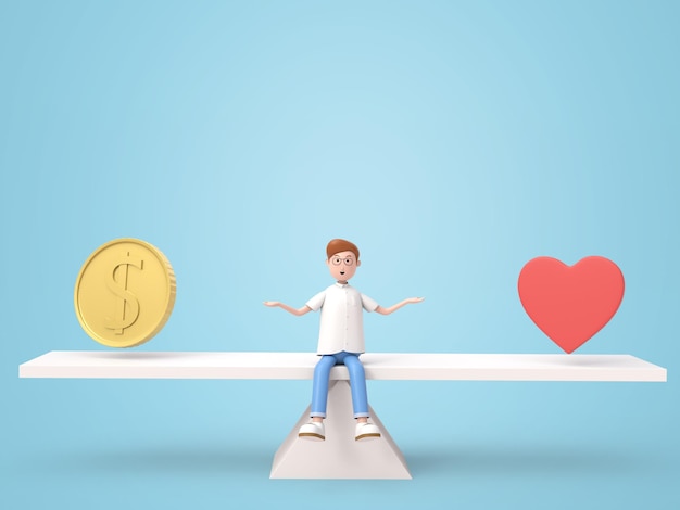 Verwirrter Mann wählt zwischen Liebe und Geld isoliertem Hintergrund