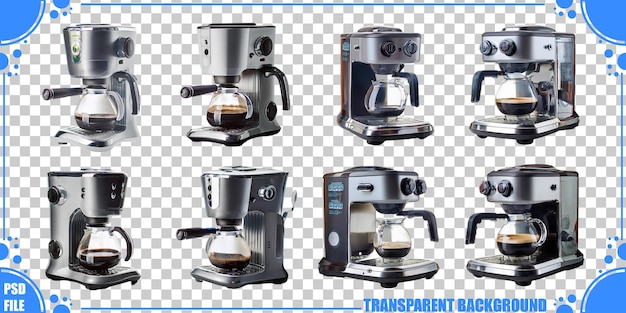 Vielfältige Kaffeemaschinenkollektion auf durchsichtigem Hintergrund