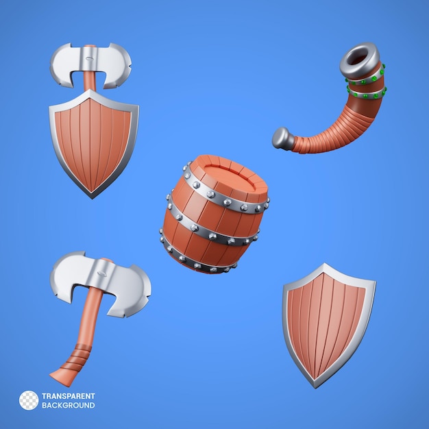 Kostenlose PSD viking battle game set icons isoliert 3d-render-illustration