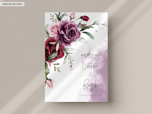 Kostenlose PSD vintage hochzeitseinladungskartenset mit kastanienbraunen rosen aquarell