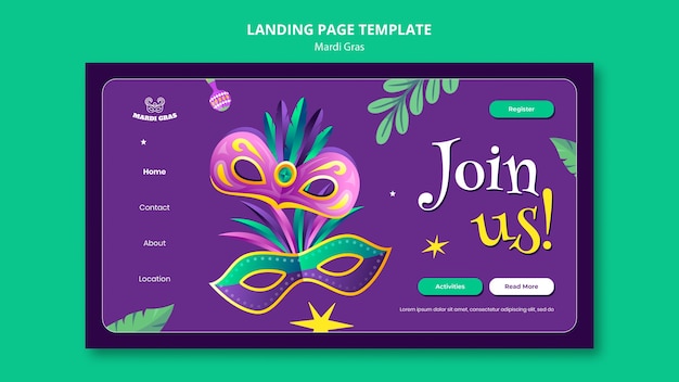 Kostenlose PSD vorlage der landingpage für die mardi gras-feier