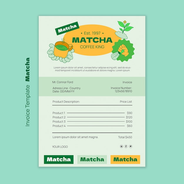 Kostenlose PSD vorlage für eine rechnung für matcha-tea-getränke.