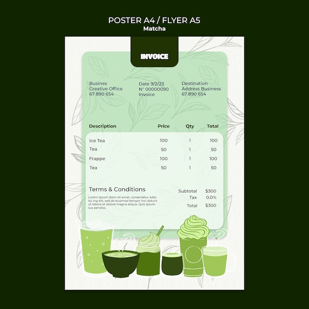 Vorlage für eine Rechnung für Matcha-Tea-Getränke.