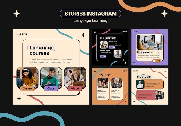 Vorlage für instagram-beiträge zum sprachenlernen im flachen design