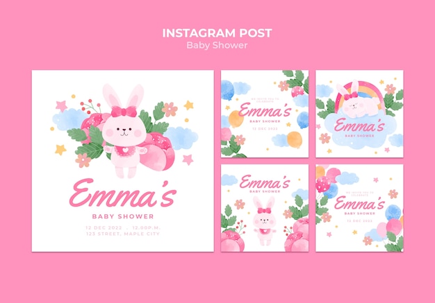 Kostenlose PSD vorlage für instagram-posts mit aquarell-babyparty