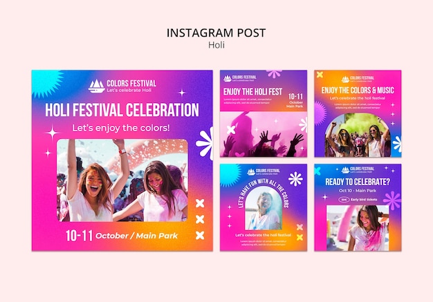 Kostenlose PSD vorlage für instagram-posts zur feier des holi-festivals