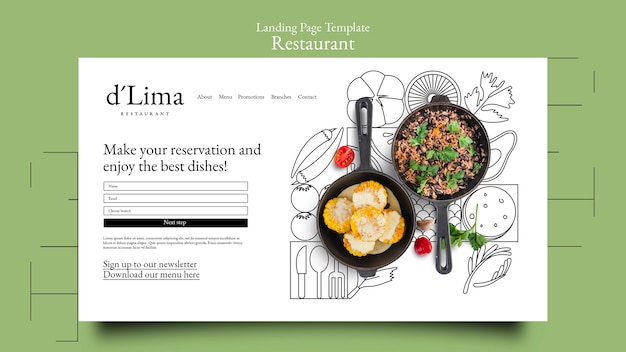 Kostenlose PSD vorlage für landingpages von restaurants mit leckerem essen