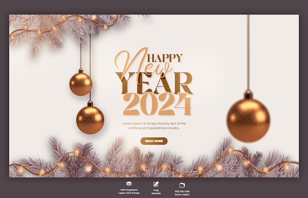 Kostenlose PSD web-banner-design-vorlage für die feier des frohen neujahrs 2024