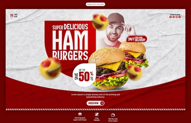 Web-Banner-Vorlage für köstliche Burger- und Speise-Menüs