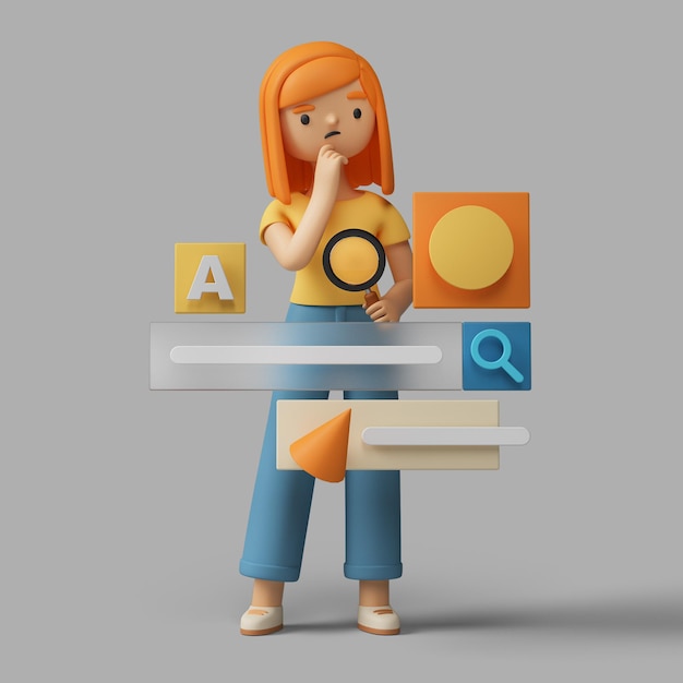 Weibliche 3D-Figur, die mit Hilfe einer Suchleiste online sucht