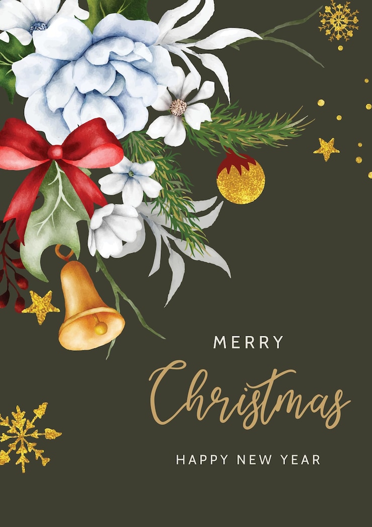 Kostenlose PSD weihnachts- und neujahrskarte mit aquarell-weihnachtsblumen und -blättern