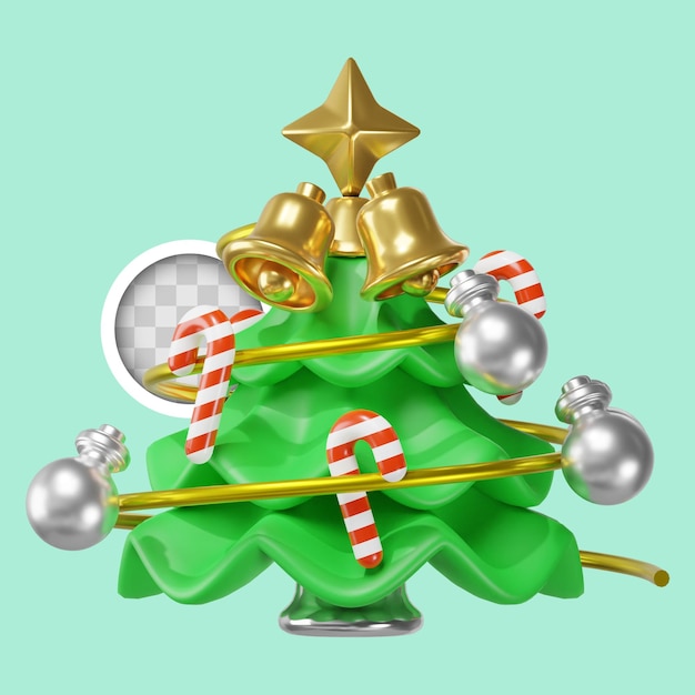 Weihnachtsbaum mit glocken und süßigkeiten 3d-illustration