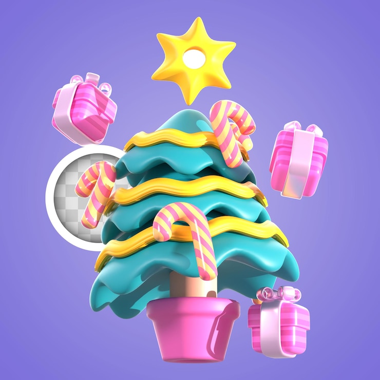 Kostenlose PSD weihnachtsbaum mit süßigkeiten und geschenken 3d-illustration