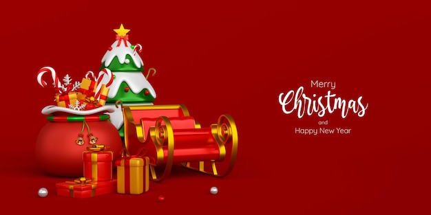 Weihnachtsfahne der weihnachtstasche und des schlittens auf rotem hintergrund, illustration 3d Premium PSD