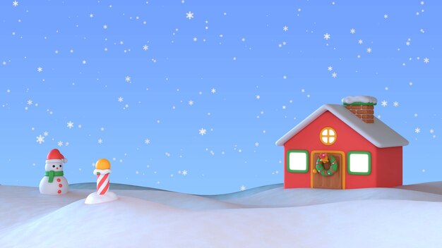 Weihnachtshintergrund 3d mit Haus im Schnee und im Schneemann