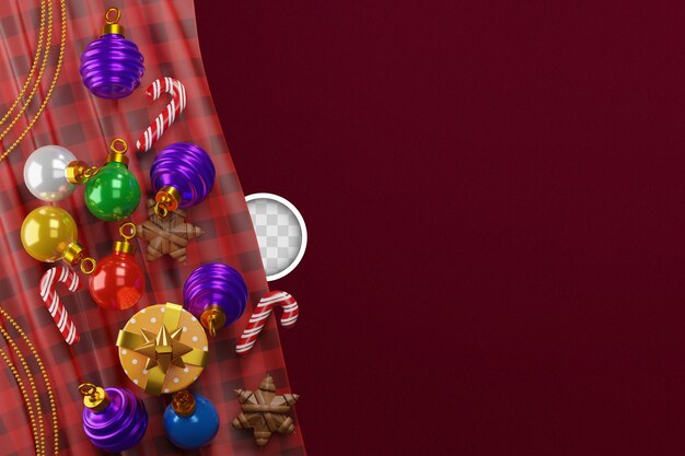 Weihnachtshintergrund mit Dekorationen und Lichtern. 3D-Darstellung